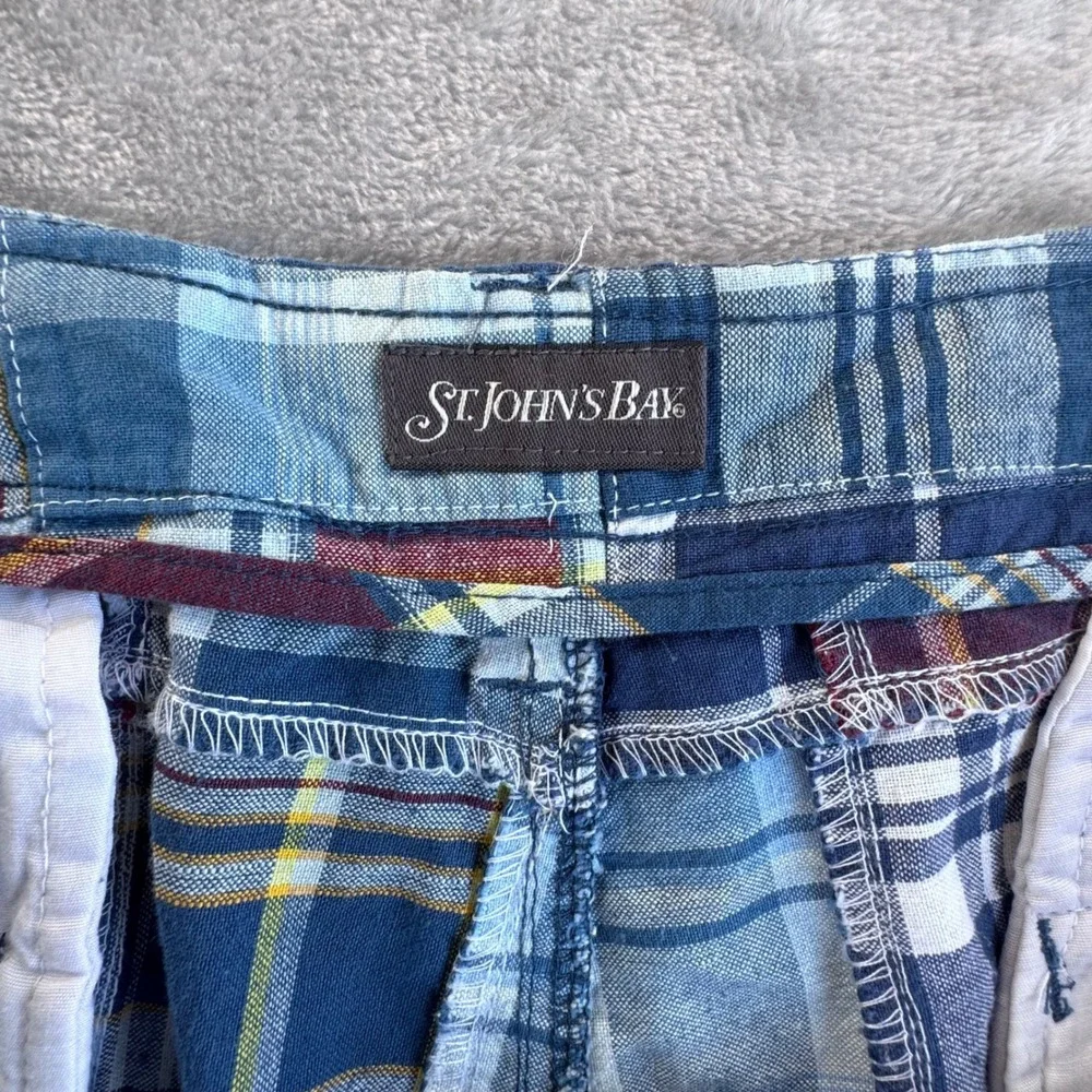 St Johns Bay Patchwork Plaid‎ Shorts Mens 38 Blue Madras Preppy Coastal Cotton